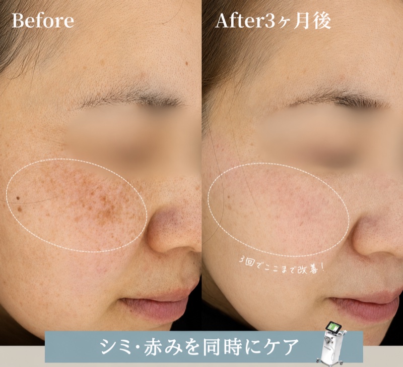 ルメッカ症例（Before/After 3ヶ月後）: シミ・赤みを同時にケア